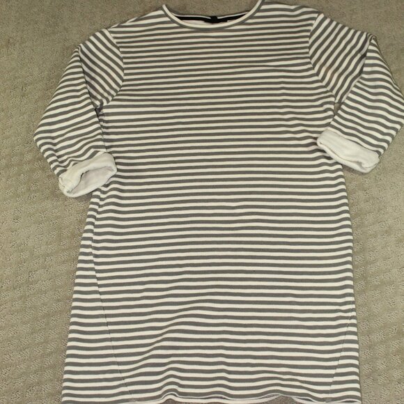 Topshop Sz 6 Grey & White Horizontal Stripe Knit Dress 3/4 Cuffed Sleeves - Picture 2 of 6